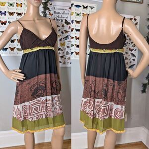 Vintage y2k Sue Wong Dress Silk Tribal Earth Fairycore Feather Beaded Size 4
